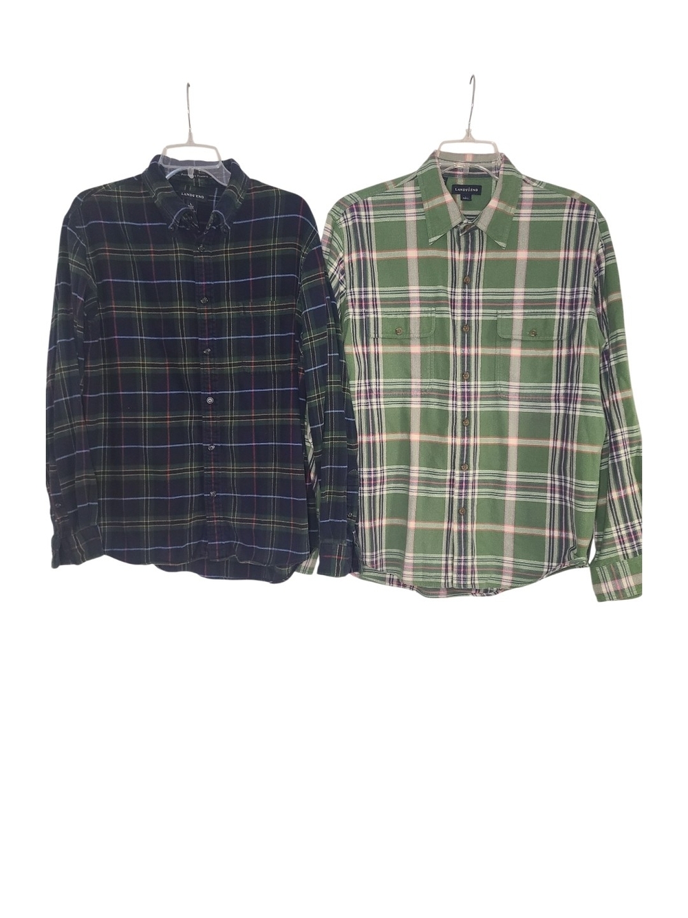 Lands' End Plaid Flannel Shirt Lot Men's Large Green Navy
